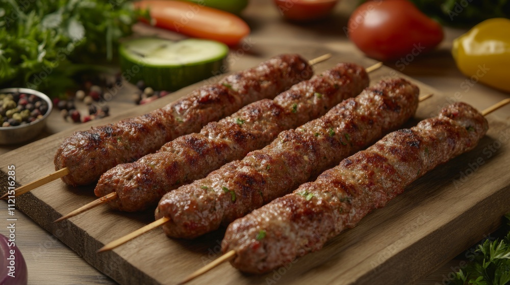 Grilled Skewers of Spiced Ground Meat on Wooden Board Background Grilled Skewers of Spiced Ground Meat on Wooden Board Background