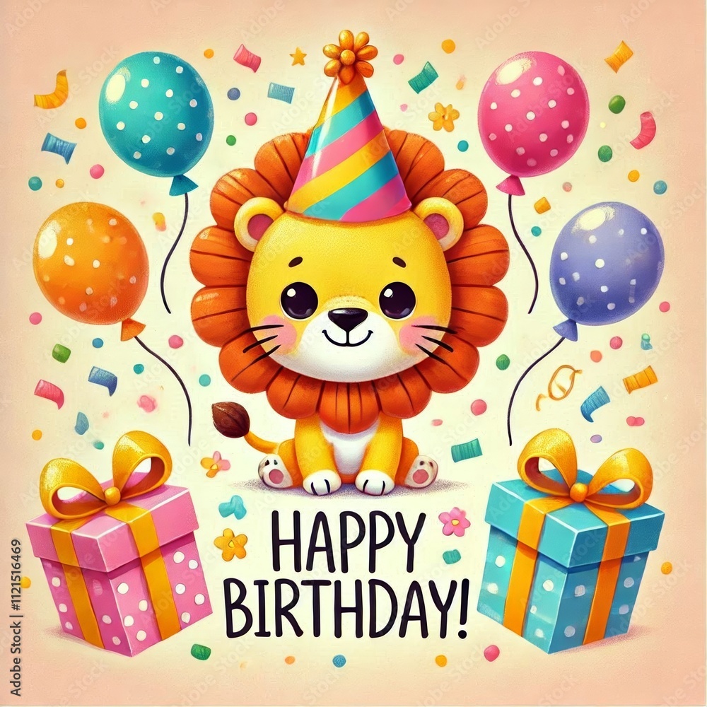 Fototapeta premium Happy Birthday greeting card. Illustration of kids funny lion in festive hat. Children's birthday party. For poster, cover, label