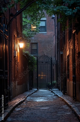 Narrow brick alleyway at dusk with warm streetlight and iron gate