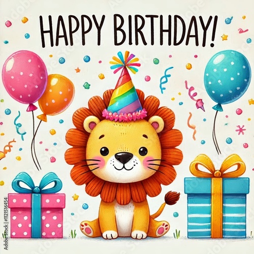 Happy Birthday greeting card. Illustration of kids funny lion in festive hat. Children's birthday party. For poster, cover, label