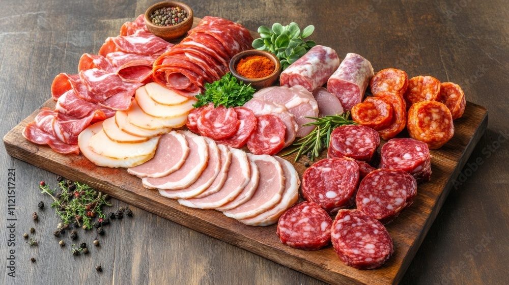 Gourmet Meat Platter with Various Cured Meats and Seasonings Gourmet Meat Platter with Various Cured Meats and Seasonings