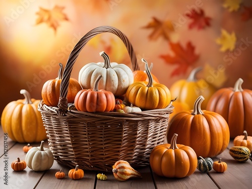 Basket filled with a variety of miniature pumpkins with a warm autumnal background