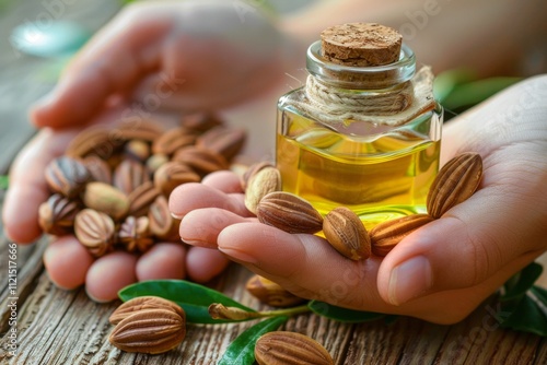 Hands holding a natural jojoba cream tube surrounded by jojoba leaves and seeds, showcasing organic skincare and jojoba-based beauty products. Generative AI