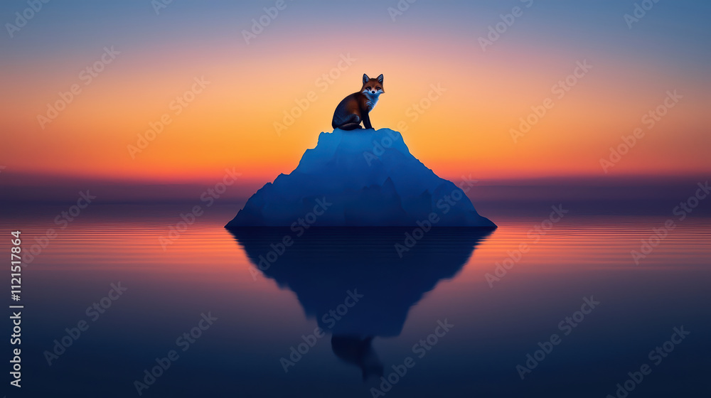 surreal minimal scene of fox sitting atop iceberg at sunset, reflecting on calm waters. vibrant colors create serene and dreamlike atmosphere surreal minimal scene of fox sitting atop iceberg at sunset, reflecting on calm waters. vibrant colors create serene and dreamlike atmosphere