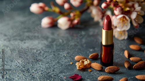  Red moisturizing lipstick surrounded by almonds, honey, and blooming flowers, emphasizing natural and nourishing beauty products. Generative AI photo