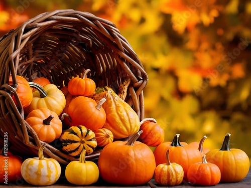 Basket filled with a variety of miniature pumpkins with a warm autumnal background