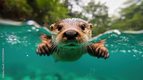 An otter swims effortlessly underwater, showcasing its playful nature and inquisitive expression. The clear water and lush surroundings provide a serene atmosphere. photo