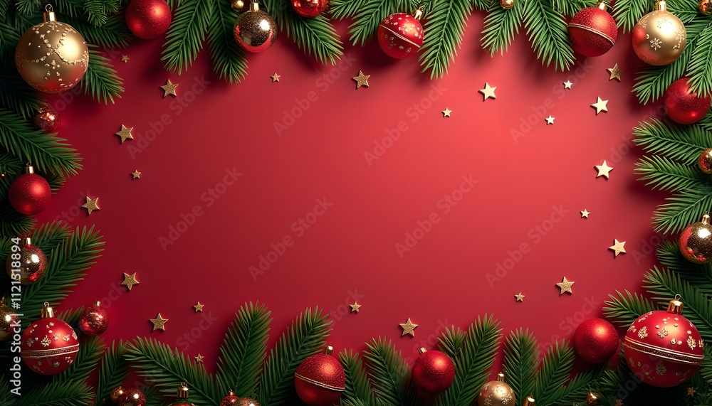 Image of a red background with Christmas ornaments around it Image of a red background with Christmas ornaments around it