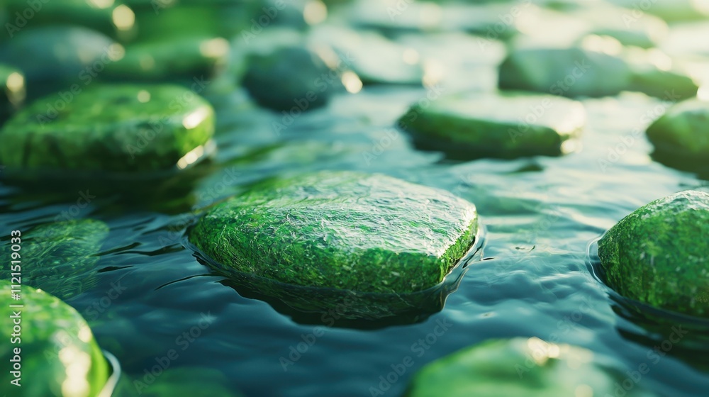 Smooth green stones float on water, creating a tranquil, natural scene illuminated by soft light.