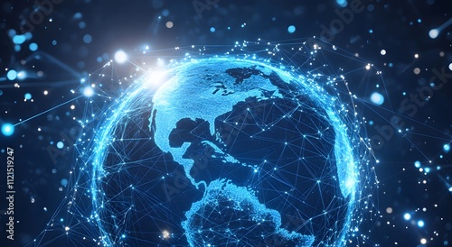 A blue hologram of the Earth floating in space and giving the idea of ​​global internet communication on mobile. Concept of smartphone digital connection with cloud services around the world.