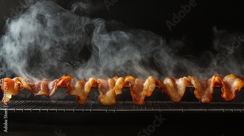 Crispy Bacon Strips Smoked on Rack with Steamy Background Effect photo