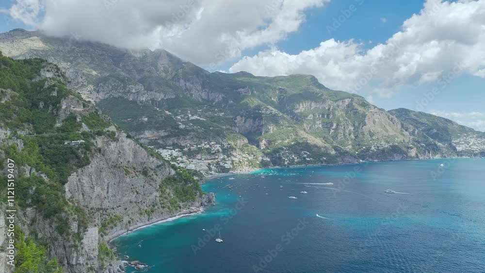 Amalfi Drive over Positano from a drone, Amalfi Coast, Positano, Italy, Europe Amalfi Drive over Positano from a drone, Amalfi Coast, Positano, Italy, Europe