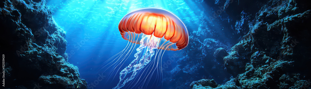 Fototapeta premium surreal underwater scene showcases glowing jellyfish surrounded by vibrant blue waters and rocky formations, creating mesmerizing and tranquil atmosphere