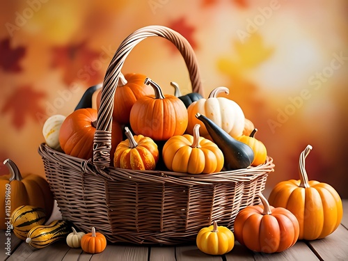 Basket filled with a variety of miniature pumpkins with a warm autumnal background