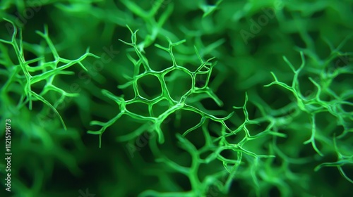 A vibrant green microscopic view of interconnected cellular structures, showcasing intricate patterns and organic forms.