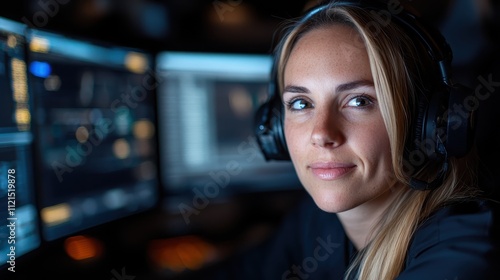 A woman with a headset sits focused at her computer workstation, highlighted by dim light from multiple screens, suggesting intense dedication and concentration. photo