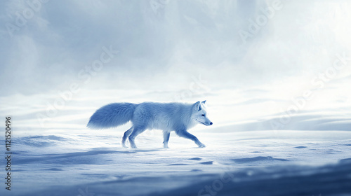 A lone arctic fox with thick fur trotting across a snowy plain. photo