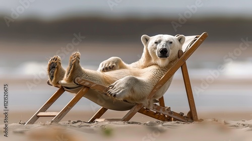 Polar bear blissfully sunbathing in a beach lounge chair at the north pole during summer days