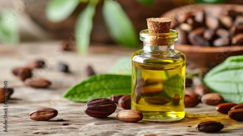  Jojoba oil bottle with a small jar of cream, surrounded by jojoba seeds and green leaves, highlighting organic skincare and nourishing beauty products. Generative AI