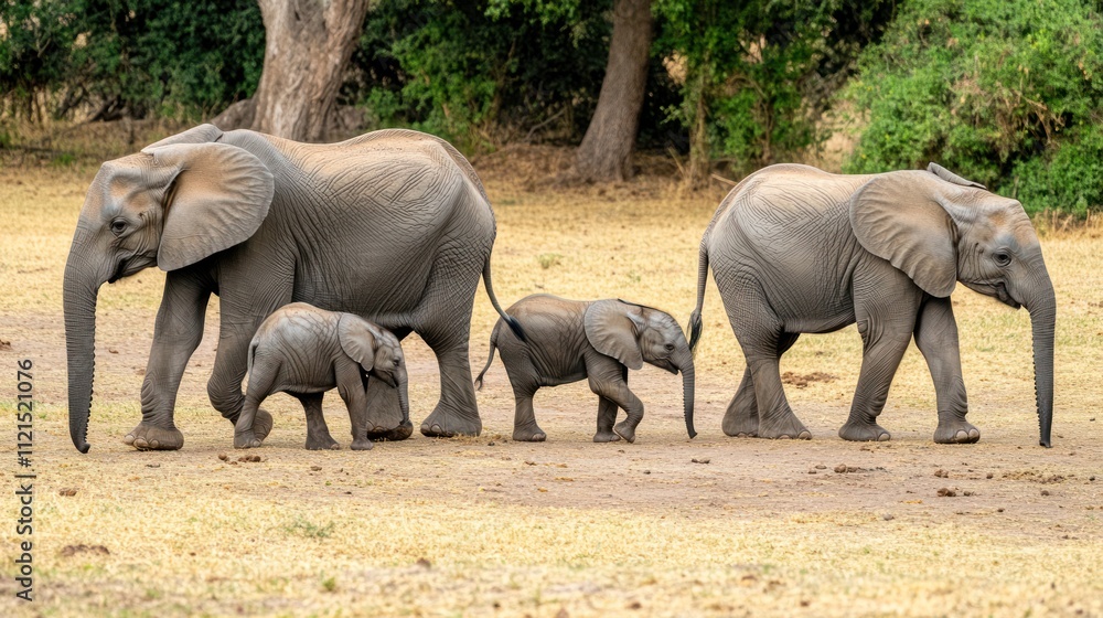 African Elephant Family Walking in the Savannah African Elephant Family Walking in the Savannah