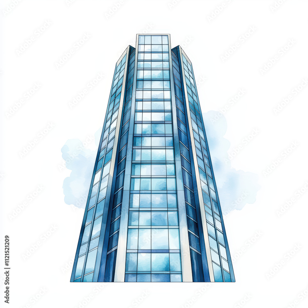 modern skyscraper with glass facade, showcasing sleek design and reflecting clouds. building stands tall against white background, emphasizing its architectural beauty