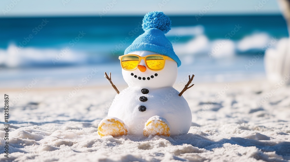 Obraz premium Snowman wearing a blue beanie and sunglasses on a sunny beach, blending winter and tropical themes
