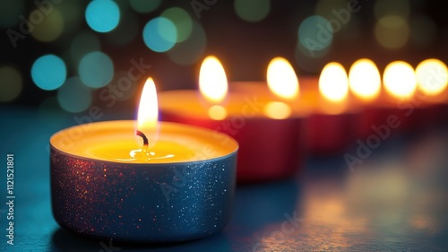 Warm glowing candles in a row cozy living room mood lighting calm atmosphere closeup view serenity and comfort