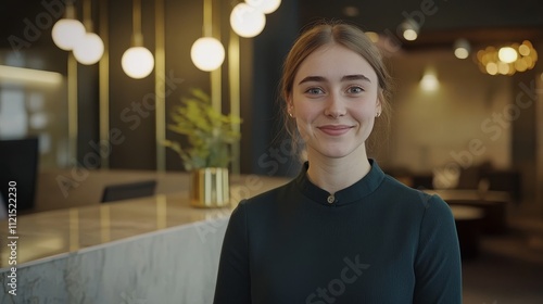 Friendly receptionist standing at the front desk of a co-working space, offering assistance with a smile, in a modern office environment, showing professional customer service photo