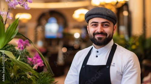 Happy hotel concierge welcoming guests with a warm smile and looking at the camera, offering professional service and hospitality at the reception desk in a luxury hotel environment photo