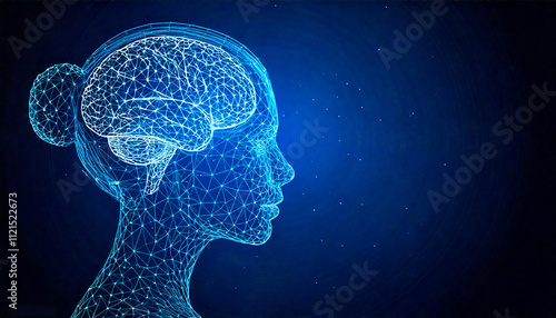 Low Poly Brain Representing Artificial Intelligence and Symbol of Wisdom On Attractive Blue Background   photo