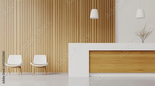 Luxury minimalist hospital reception area with modern wood counter design, hardwood wall floor, waiting seats, elegant decor. White wood style creating a calm and professional healthcare environment photo