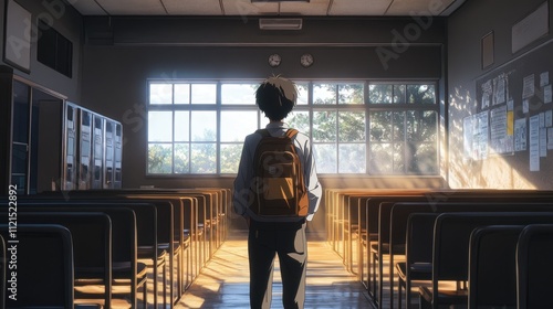 Student Stands Alone In Empty Classroom Sunlight Streaming Through Window