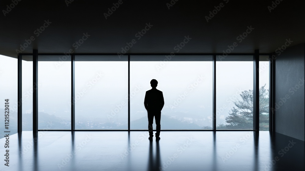 Silhouette of asian male adult standing in minimalist room overlooking nature Silhouette of asian male adult standing in minimalist room overlooking nature
