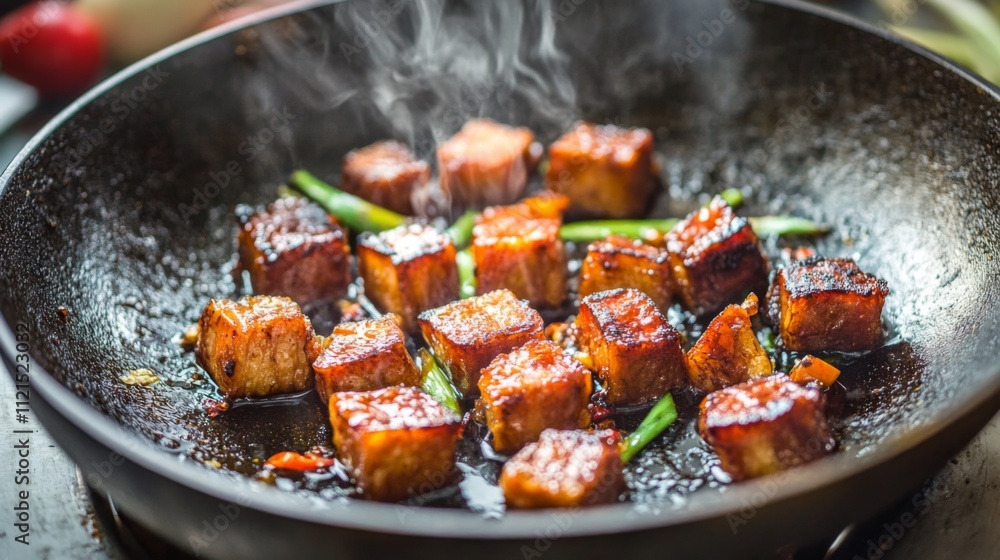Deliciously Fried Cubes of Meat with Green Onions in a Wok Deliciously Fried Cubes of Meat with Green Onions in a Wok
