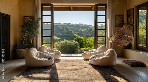 広大な丘陵地と野花を望むナチュラルデザインのリビングルーム | Living Room with Natural Design Overlooking Rolling Hills and Wildflowers photo