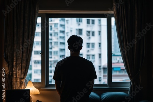 Silhouette of male looking out apartment window at urban landscape