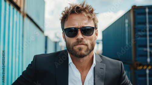 A bearded man wearing sunglasses and a suit stands confidently in front of a stack of shipping containers, exuding professionalism and urban style. photo