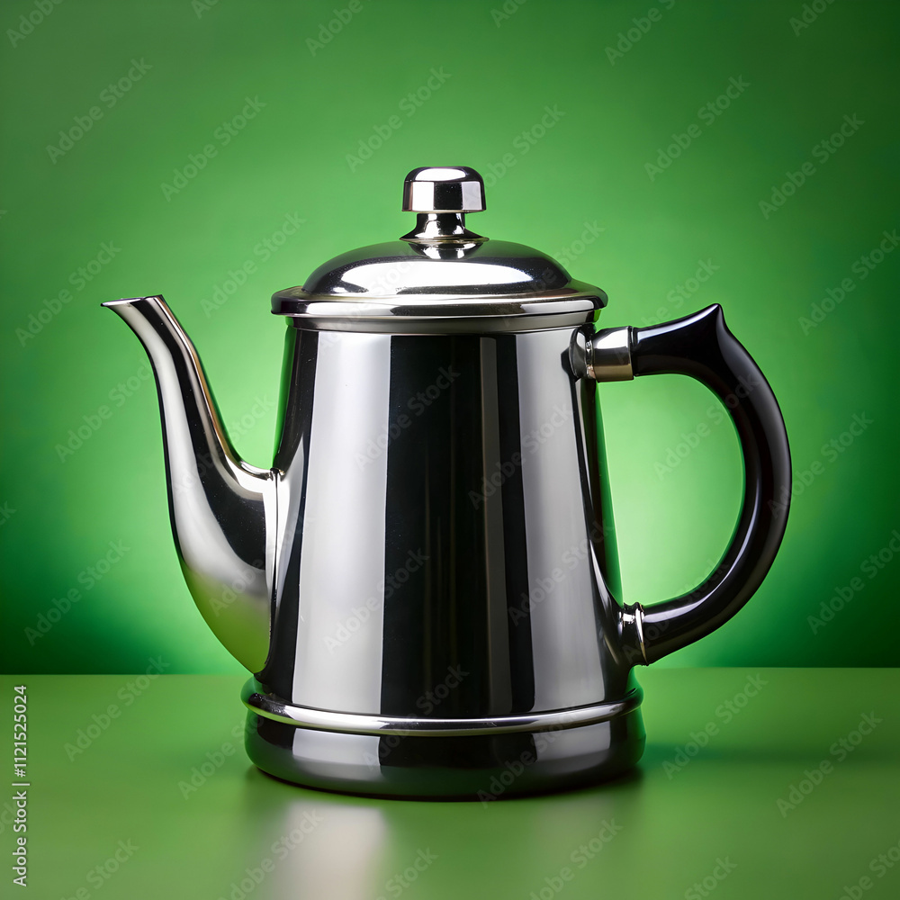 a black and silver coffee pot is on a green background a black and silver coffee pot is on a green background