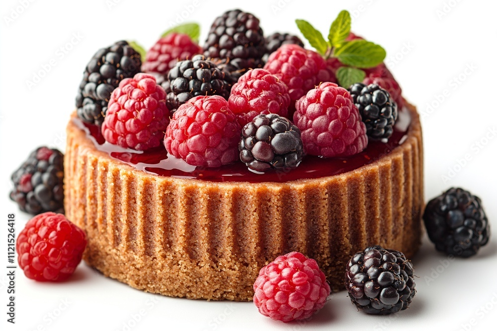 A delectable mini tart, adorned with luscious raspberries and blackberries, sits on a pristine white background. The dessert's rich colors and textures create a mouthwatering image. A delectable mini tart, adorned with luscious raspberries and blackberries, sits on a pristine white background. The dessert's rich colors and textures create a mouthwatering image.