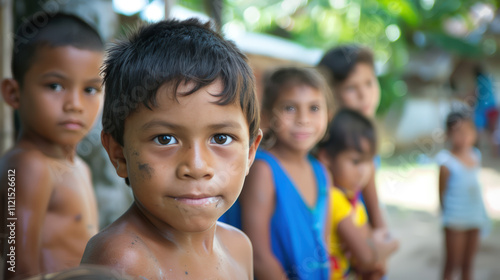 A group of children are standing in a line, one of them is wearing a blue shirt