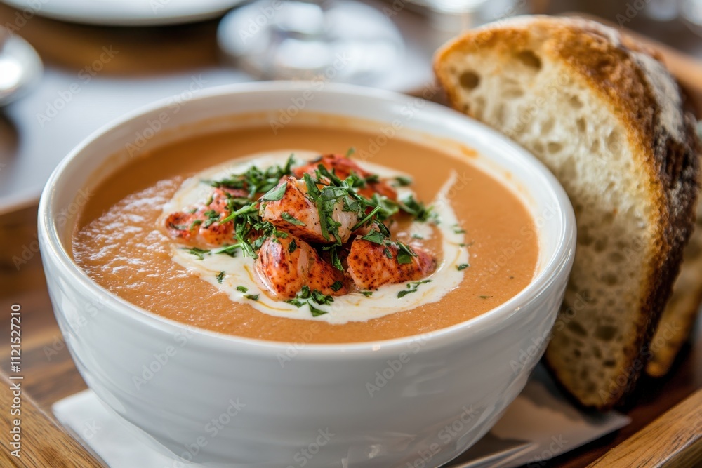 Deliciously crafted lobster bisque served in a white bowl gourmet dining experience upscale restaurant modern interior captivating culinary art Deliciously crafted lobster bisque served in a white bowl gourmet dining experience upscale restaurant modern interior captivating culinary art