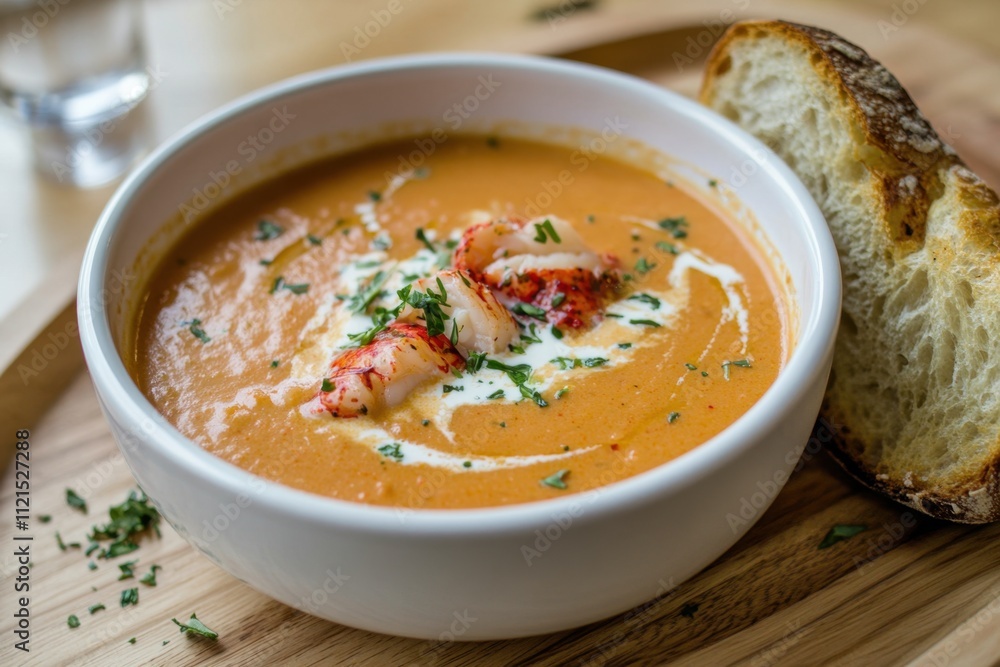 Deliciously garnished lobster bisque served in a white bowl rustic wooden platter gourmet food presentation cozy restaurant setting inviting ambiance for culinary enthusiasts Deliciously garnished lobster bisque served in a white bowl rustic wooden platter gourmet food presentation cozy restaurant setting inviting ambiance for culinary enthusiasts