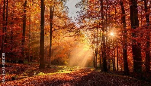 Morning sunlight filtering through a vibrant autumn forest with colorful red, orange, and yellow foliage."