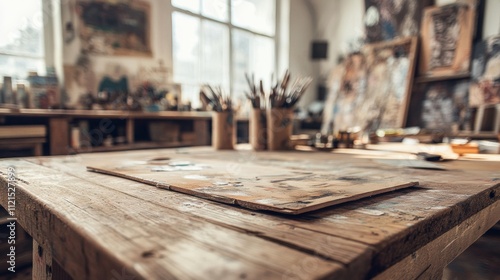 Art studio workspace with brushes and canvas on a wooden table.