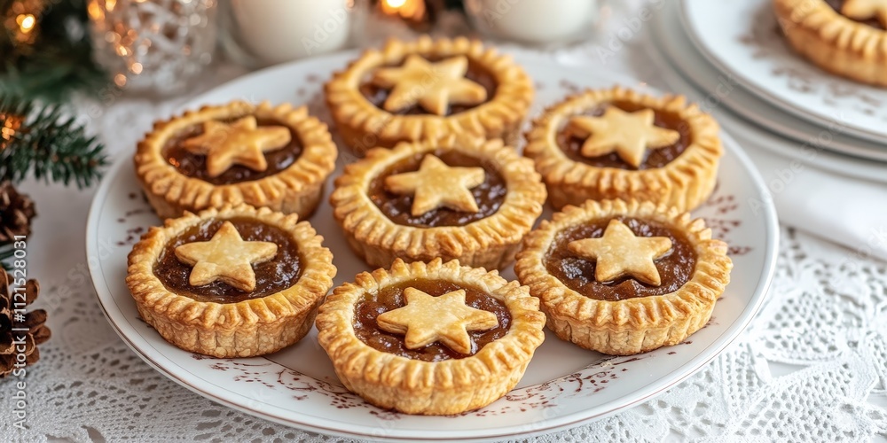 Traditional mince pies with star tops on a platter Traditional mince pies with star tops on a platter