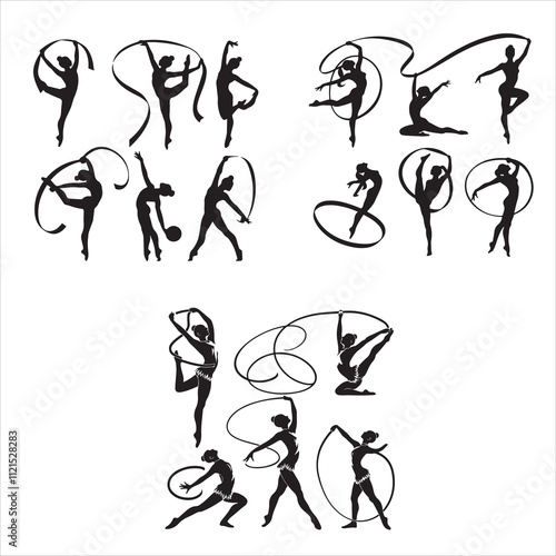 set of black various poses ribbon rhythmic gymnastics vector silhouette