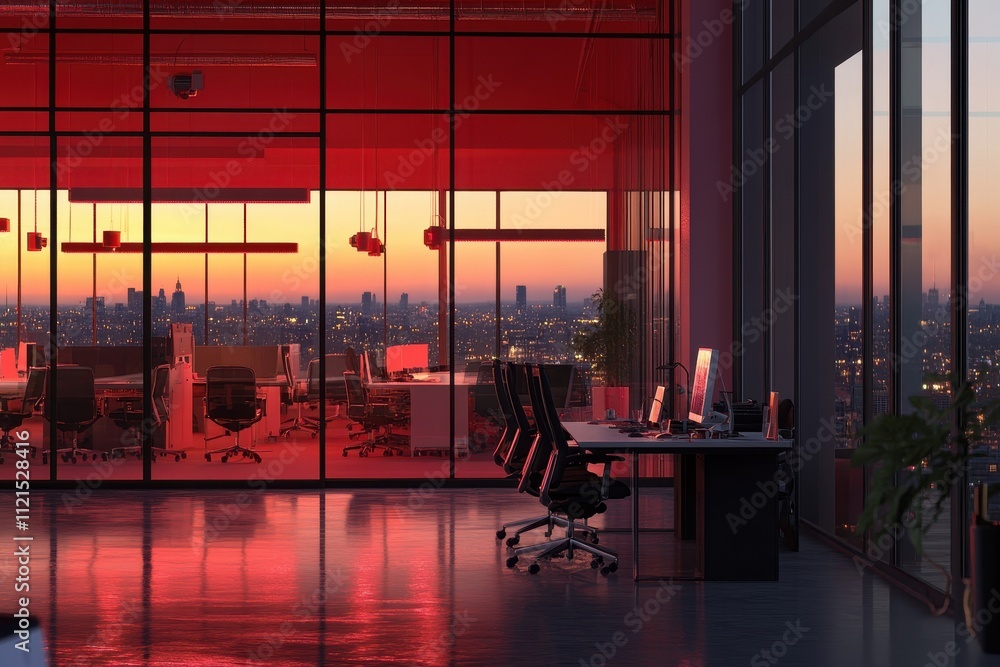 Fototapeta premium Modern Office with Stunning City Skyline at Sunset
