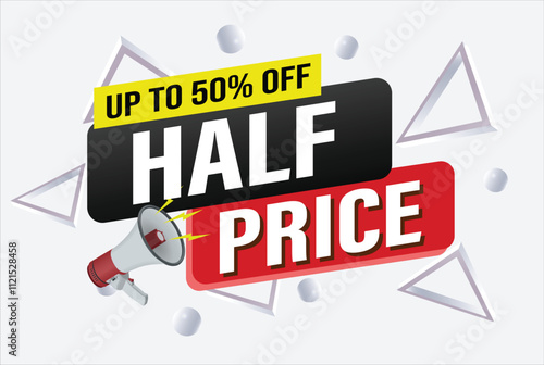 half price sale word mega phone concept vector illustration and 3d style, landing page, template, ui, web, mobile app, poster, banner, flyer, background, gift card, coupon, label, wallpaper

