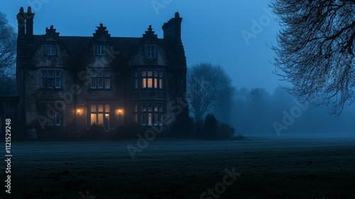 Spooky night scene of a dark, foggy mansion with illuminated windows