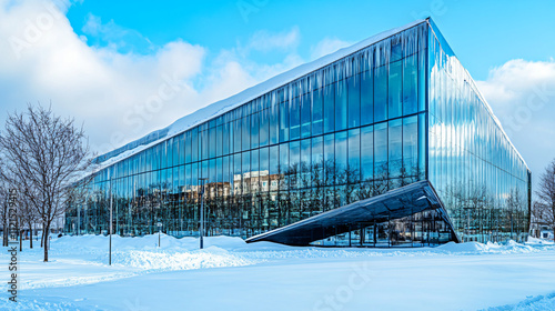 A modern glass building with snow accumulating on its sharp edges, reflecting the winter sky.